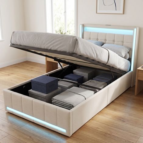 Lit coffre 90x200 cm avec sommier, lit adulte avec LED et ports USB, lit simple capitonné en lin, style moderne, Beige (1/5)