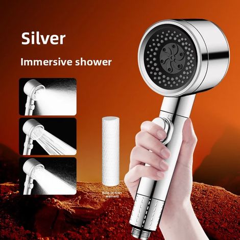 (Argent) Pommeau de douche filtrant à trois vitesses réglables, arrêt d'eau par simple pression d'un bouton, douchette à main haute pression (1/5)