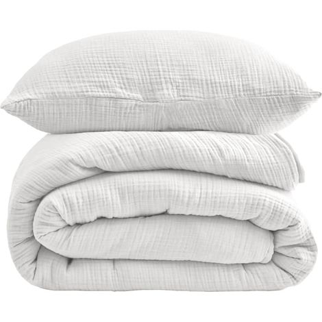Parure de lit Muslin - Blanc neige - Housse de couette de 135 x 200 cm et taie d'oreiller de 80 x 80 cm - 100 % coton opaque et épais - Extra douce et respirante - Lavable jusqu'à 60 °C (1/5)