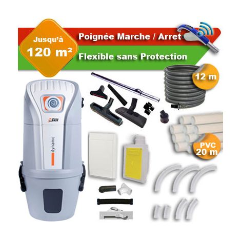 Aspirateur central SACH VAC Dynamic 1.8 kW garantie 4 ans + flexible rétractable 12 m + poignée marche/arrêt + 7 accessoires + kit 1 prise RETRAFLEX + kit prise balai (rayon d'action 120 m2) (1/5)