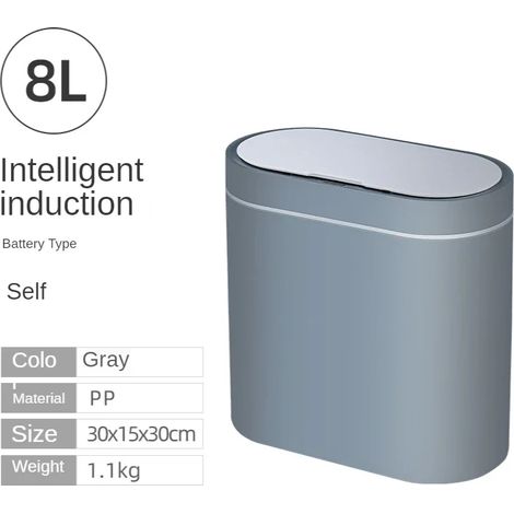 Poubelle automatique intelligente à capteur (Grise, 8 L, à piles), étanche, idéale pour la cuisine et la salle de bain. (1/5)