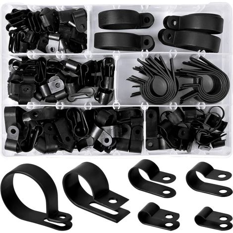200 Stück Pinces en Plastique en Nylon R Clips Colliers de Fixation de Tubes, 6 Tailles 3/16'' 1/4'' 3/8'' 1/2'' 3/4'' 11/8'' Attaches pour Conduits, Câbles, Gaines (Noir)