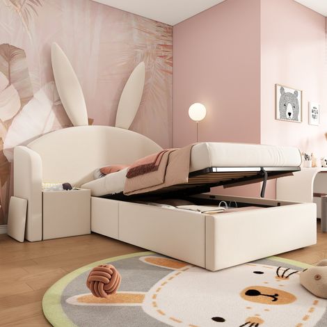 Lit enfant rembourré 90x200cm avec tête de lit oreilles de lapin  Lit coffre avec rangement  et table de chevet  Velours Beige