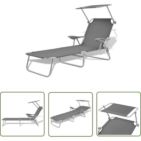 Chaise longue Bain de soleil Transat de relaxation avec auvent Acier Gris BSRHS569048 (1/5)