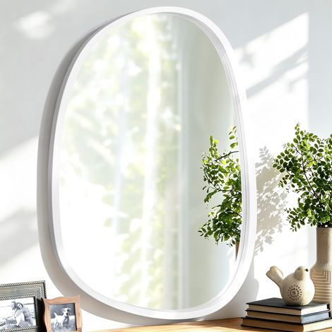 Miroir Asymétrique en Bois - Miroir Blanc Ovale Irrégulier Moderne pour Salle de Bain, Salon, Chambre, Entrée et Hallway - Suspendu - 40x30cm Blanc (1/5)