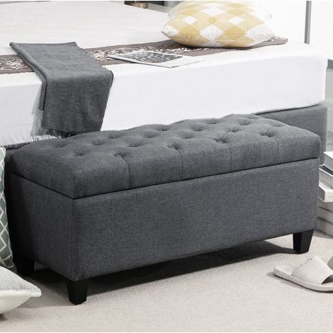 Panca contenitore 100 x 40 x 44 cm imbottita in poliestere effetto lino grigio scuro HAVRYA (1/5)