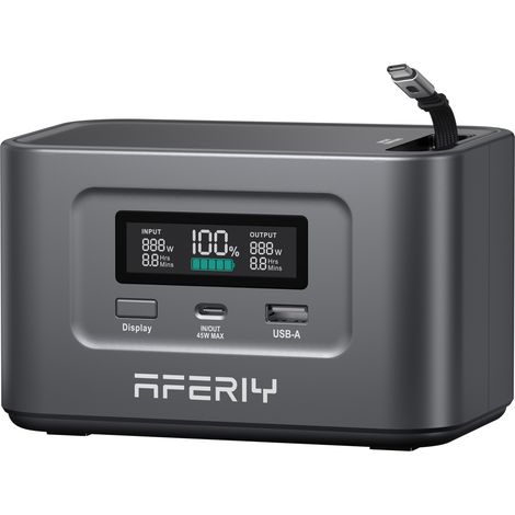 AFERIY Nano100 Powerbank 99.2Wh LiFePO4, 145W Max, 100W Solarladung, Einziehbares Kabel, Flugzeugtauglich, 3 Ports, LCD