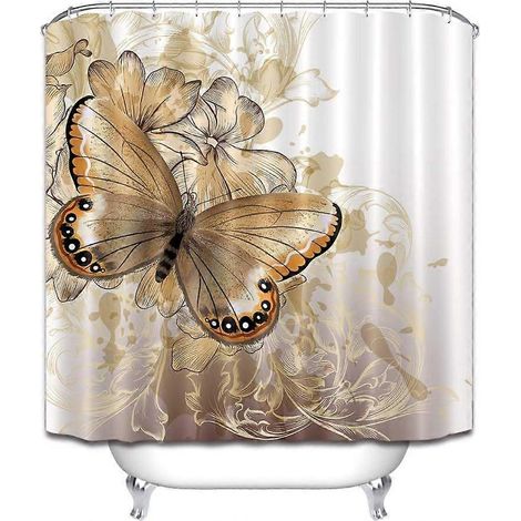 Rideau de douche floral blanc et or, style luxueux, moderne et minimaliste, pour décorer votre baignoire (150 x 180 cm). (1/3)