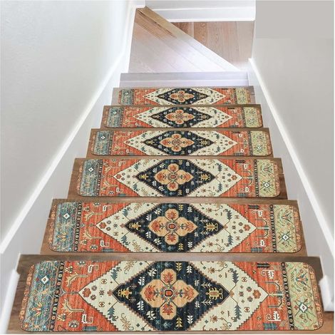 Ensemble de tapis de marche d'escalier Modèle ethnique rétro 2076cm 6 pièces Terre de diatomées Tapis d'escalier antidérapants pour usage intérieur (1/4)