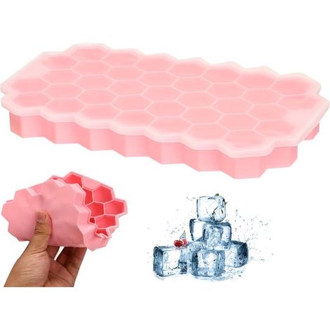 Thijox, Bandeja de silicona para cubitos de hielo con tapa, Moldes rosas para cubitos de hielo para whisky, cócteles y bebidas, Apilables (1/5)