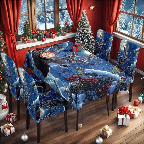 Nappe de Noël imprimée numériquement, en soie de lait, avec housse de chaise, ensemble TC-126 (140 x 210 cm, imperméable) (1/4)