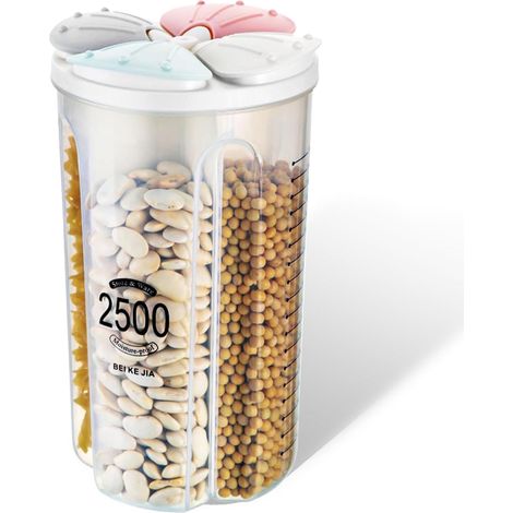 Recipiente hermético de 2,5 litros, 4 compartimentos, capacidad de 2500 ml, apto para almacenar legumbres, frutos secos, harina, etc., disponible en varios colores. (1/5)