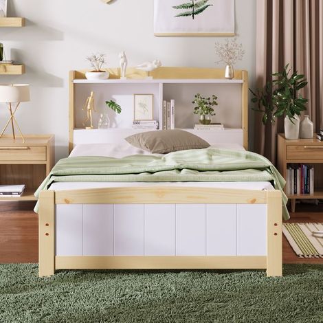 Lit simple en bois massif - 90x200 cm - Tête de lit avec rangement - Blanc - Bibliothèque intégrée (1/5)