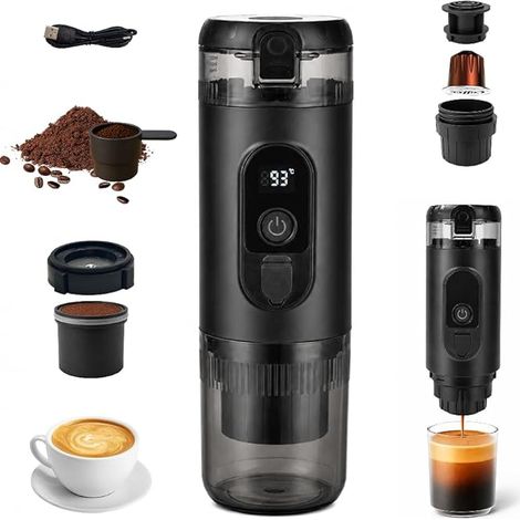 Machine à café espresso portable, 20 bars, rechargeable, 2-en-1 pour café moulu et capsules, extraction chaude/froide avec gobelet intégré, pour camping, voyage, bureau et maison (1/5)