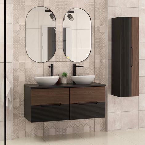 Ensemble meuble double vasque 120cm et colonne Sylla Noir et bois (1/5)