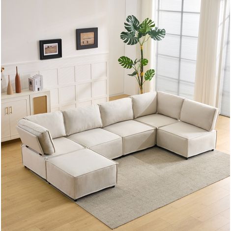 Sofá esquinero modular 308x152x77 cm de madera y lino beige, convertible – MEUBLIV (1/5)