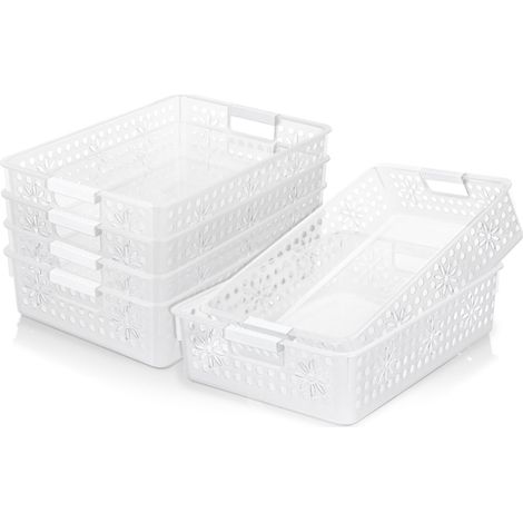 Lot de 6 boîtes de rangement en plastique avec poignée, paniers de rangement avec trou, bac de rangement ouvert pour la maison, la cuisine, le bureau, transparent, 34,5 x 24,5 x 8,5 cm (1/5)