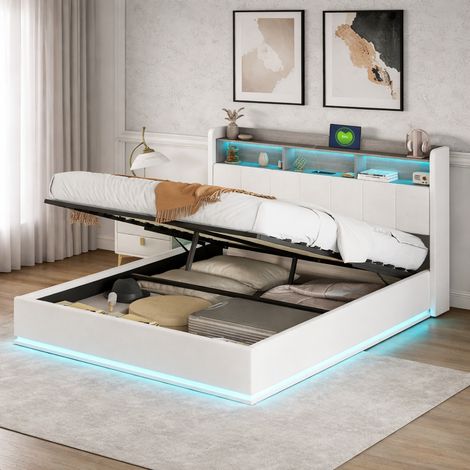Lit coffre 160x200 cm, avec éclairage LED et port USB, lit double capitonné avec rangement et tete de lit, pour adultes et adolescents, velours, blanc (1/5)