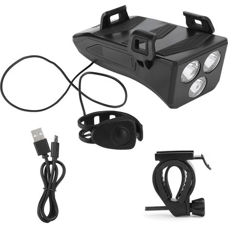 Feu avant vélo rechargeable USB multifonction 4-en-1 avec klaxon, support de charge et lampe (1/5)