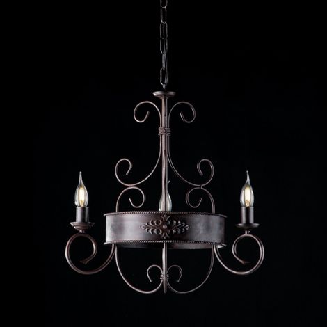 Araña de luces de hierro lacado negro con decoración de óxido 3 luces con cenefas