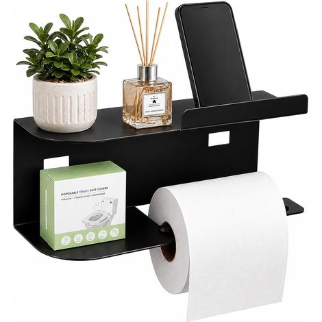 Porte Papier Toilette avec Étagère, Support Papier Toilette, Noir (1/5)