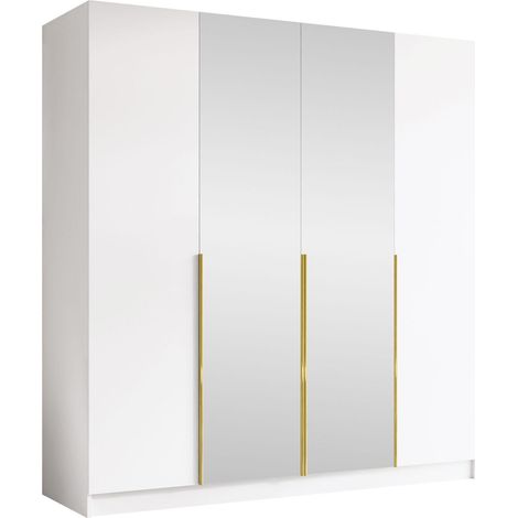 Armoire Closico Navor II, Blanc + Doré, 215x200x58cm, Portes d'armoire: Avec des charnières, Nombre d'étagères: 0
