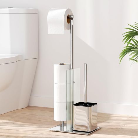 1 Support Papier Toilette avec Brosse, Acier Inoxydable, Étagère en Verre, Amovible, Salle de Bain (1/5)