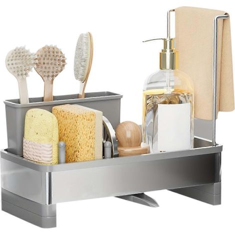 Schwammhalter aus Edelstahl mit Abtropffläche – Multifunktionale Aufbewahrungsbox für Reinigungsmittel, Handtücher und Bürsten (grau) (1/5)