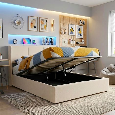 Lit Coffre 160x200 Lit Double Rembourré avec Rangement Hydraulique Moderne Confortable en Lin pour Chambre Adulte - Beige (1/5)