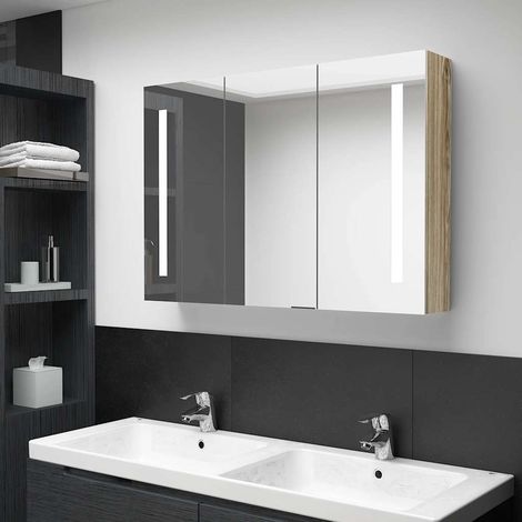 Armoire miroir LED salle de bain murale en MDF mélaminé chêne 89 x 14 x 62 cm - PANGIVO (1/5)