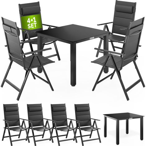 CASARIA® Gartenmöbel Set 4 Stühle Klappbar mit Gartentisch Alu inkl. Kopfkissen 8-fach verstellbare Rückenlehne 90x90cm Wetterfest Outdoor Terrasse Balkon Sitzgruppe  Anthrazit (1/5)