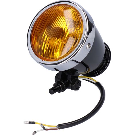 Phare de moto rétro 12V 4 pouces, boîtier rond noir, lentille jaune, type universel, convient à toutes les motos anciennes. (1/5)