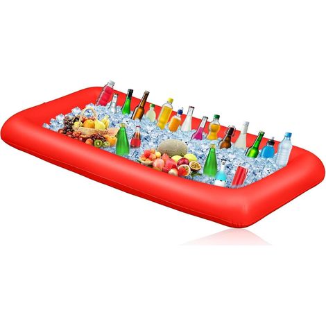 Portavasos flotante inflable, barra de piscina, ideal para fiestas de verano en la piscina, barra de hielo rectangular de 130 x 62 x 12 cm, color rojo. (1/4)