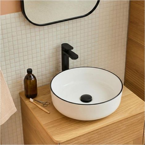 Rundes Aufsatzwaschbecken aus weißer Keramik mit schwarzem Rand, 37 cm ALIX