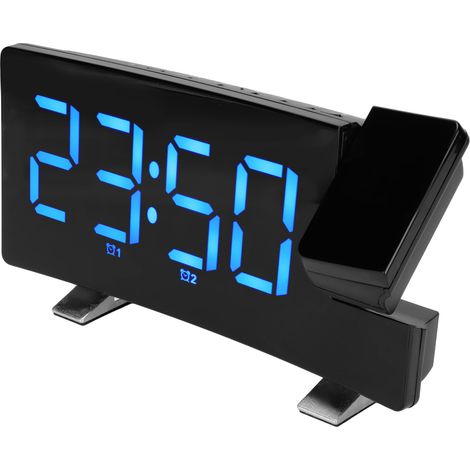 Réveil numérique avec projection à 180° sur plafond/mur, alimentation USB, pour chambre, dormeur profond, enfants et seniors, affichage en bleu.