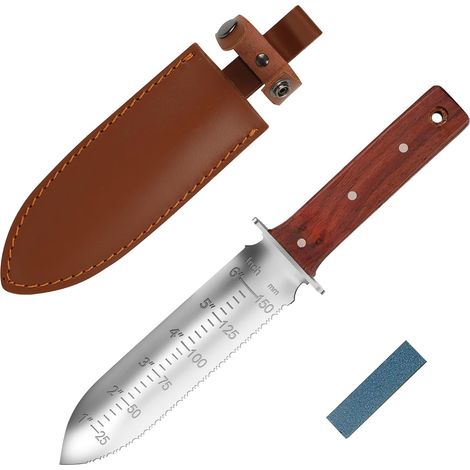 Hori Hori Couteau de jardin avec fourreau Outil multifonction pour désherbage, plantation, creusage et entretien du jardin avec pierre à aiguiser