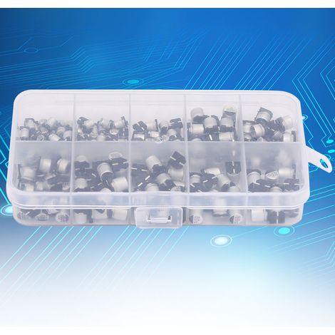 Kit de 200 condensateurs électrolytiques CMS assortis (10 valeurs : 10 V à 50 V, 1 µF à 470 µF) avec boîte de rangement (1/5)