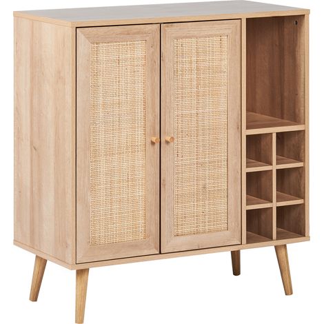 Aparador 2 puertas de ratán frente de mimbre con estante botellero de estilo boho almacenaje madera clara Paget