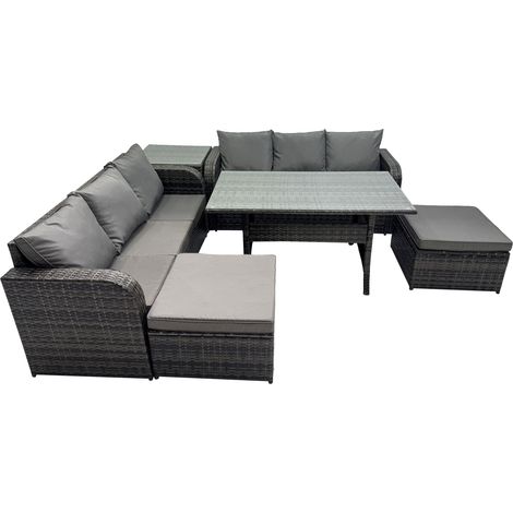Fimous 8 Seat Outdoor Wicker PE Rattan Garden Furniture Set Dining Table Sofa Set with 2 Big Stools Side Table Dark Grey Mixed (1/5)