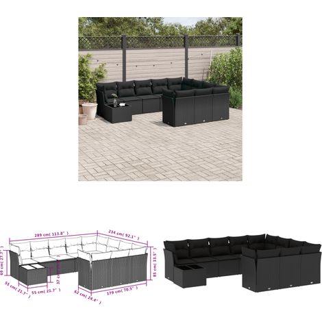 11-tlg. Garten-Sofagarnitur mit Kissen Schwarz Poly Rattan - Gartenmöbel - Esstischgarnituren - Outdoor Möbel - Lounge Set - Rattan Sofa - Home & Living