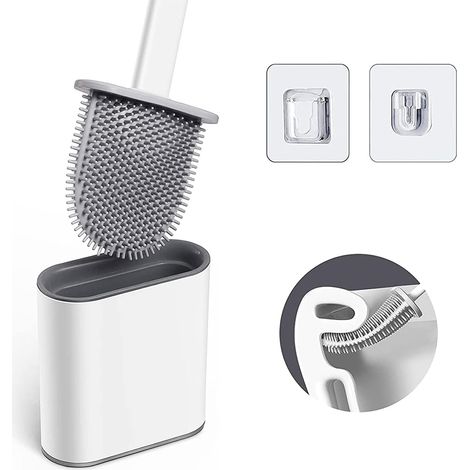 Brosse de toilettes souple en silicone, poignée antidérapante, poils souples, support et crochet, blanc (1/5)
