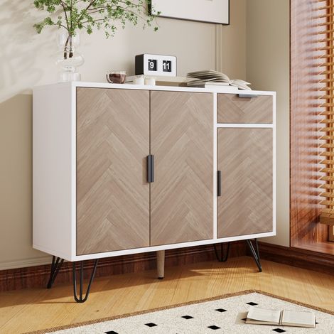 Buffet moderne blanc et aspect bois avec tiroir, étagères réglables 90x30x71.5 cm, rangement élégant pour salon/entrée (1/5)