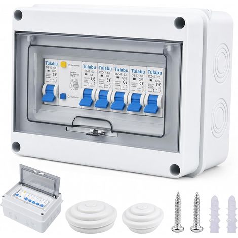 Boîte à fusibles en saillie avec disjoncteur, IP65, petit distributeur de courant pour intérieur/extérieur, disjoncteur 63 A, interrupteur d'air, 2 x 10 A+16 A+20 A+32 A, 8 modules (1/5)