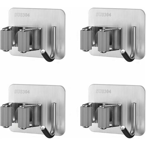 Triomphe Porte balai mural inox porte vadrouille adhésive avec crochet cuisine jardin balcon gris, lot de 4 (1/5)