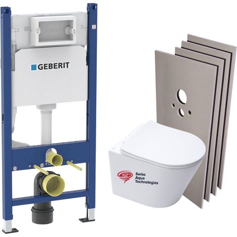 Pack WC Bati-support Geberit + WC Swiss Aqua Technologies sans bride + Abattant softlcose + Plaque + Set habillage