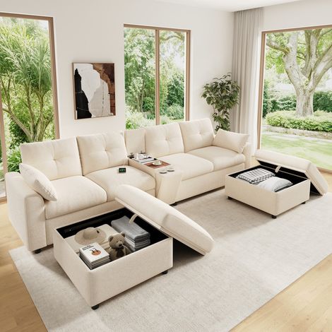 Canapé d'angle modulable 6 places en forme de U/L avec 2 poufs de rangement, ports USB et Type-C, Console centrale, beige (1/5)