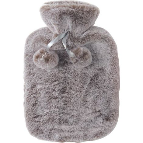 Bouillotte douce et chaude en fourrure grise avec pompons