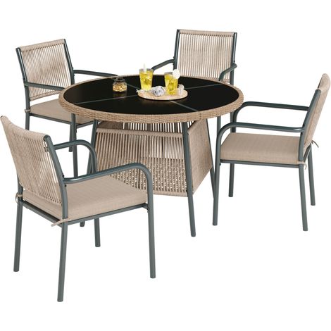 Salon de jardin 5 pièces rond avec table en verre trempé, chaises à dossier tressé et coussins gris, structure métal pour terrasse et balcon CHICFURN (1/5)