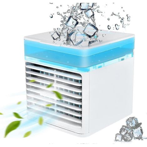 Mini climatiseur, mini rafraîchisseur d'air portable 3 en 1, ventilateur et purificateur d'air avec 3 vitesses réglables et 7 lumières LED. (1/2)