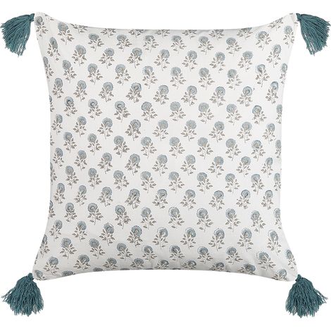 Cojín de algodón blanco azul gris 45 x 45 cm a mano floral borlas relleno Cornus